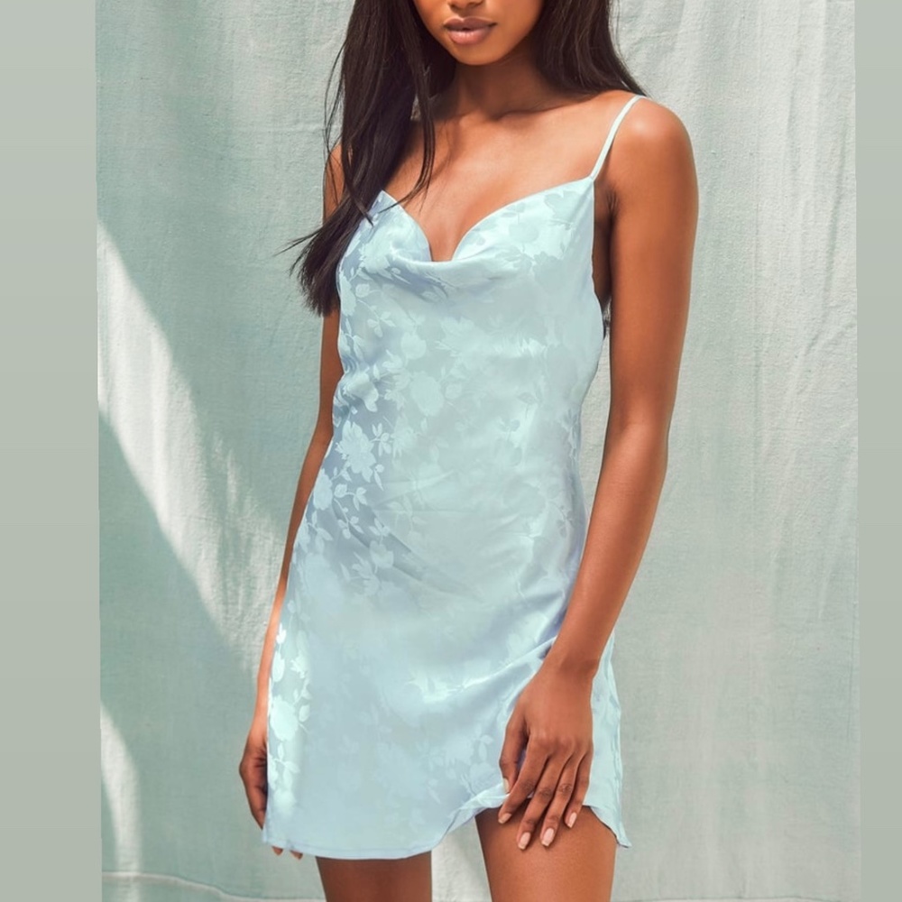 Lulu’s Dusty Blue Satin Jacquard Cowl Slip Dress